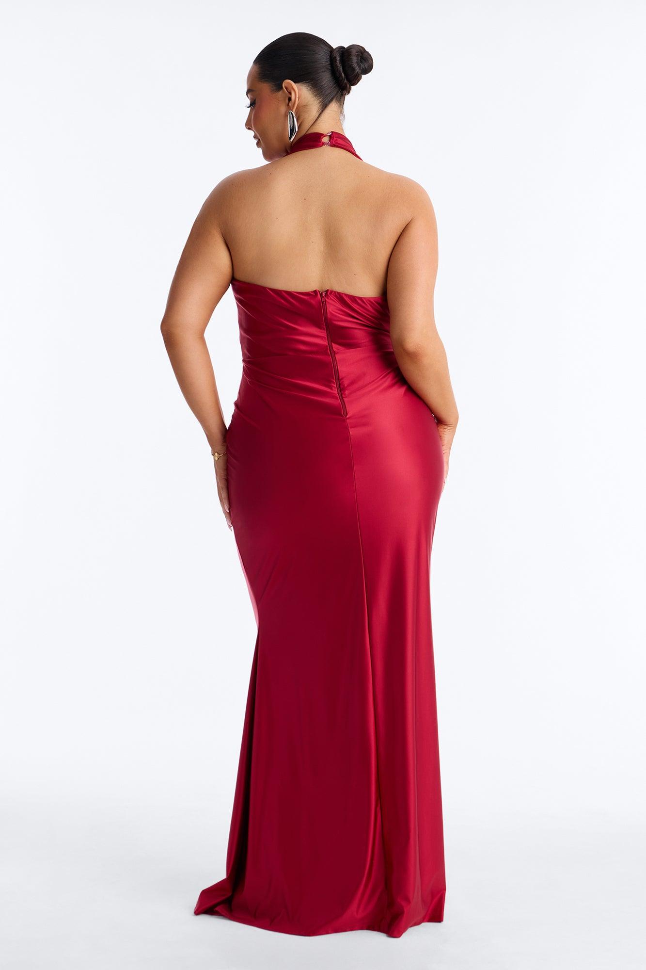 Gloria Draped Satin Gown - Red Female Product Image