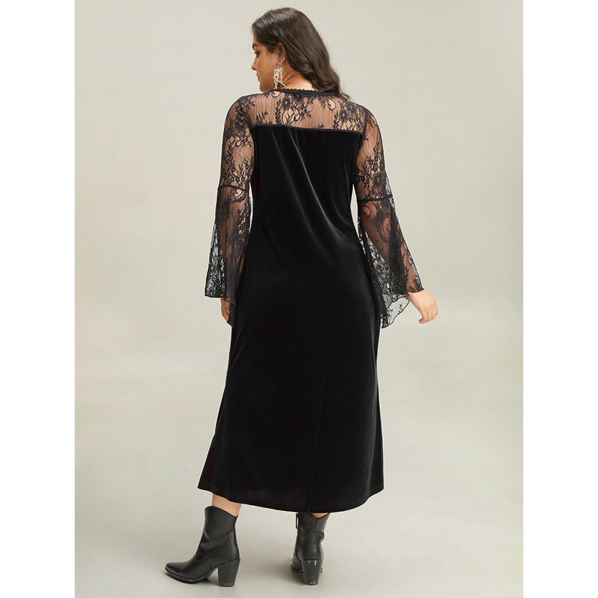 Plus Size Halloween Eyelet Lace Mesh Bell Sleeve Dress Black Women Elegant See through Round Neck Long Sleeve Curvy Midi Dress BloomChic 26/4X Product Image