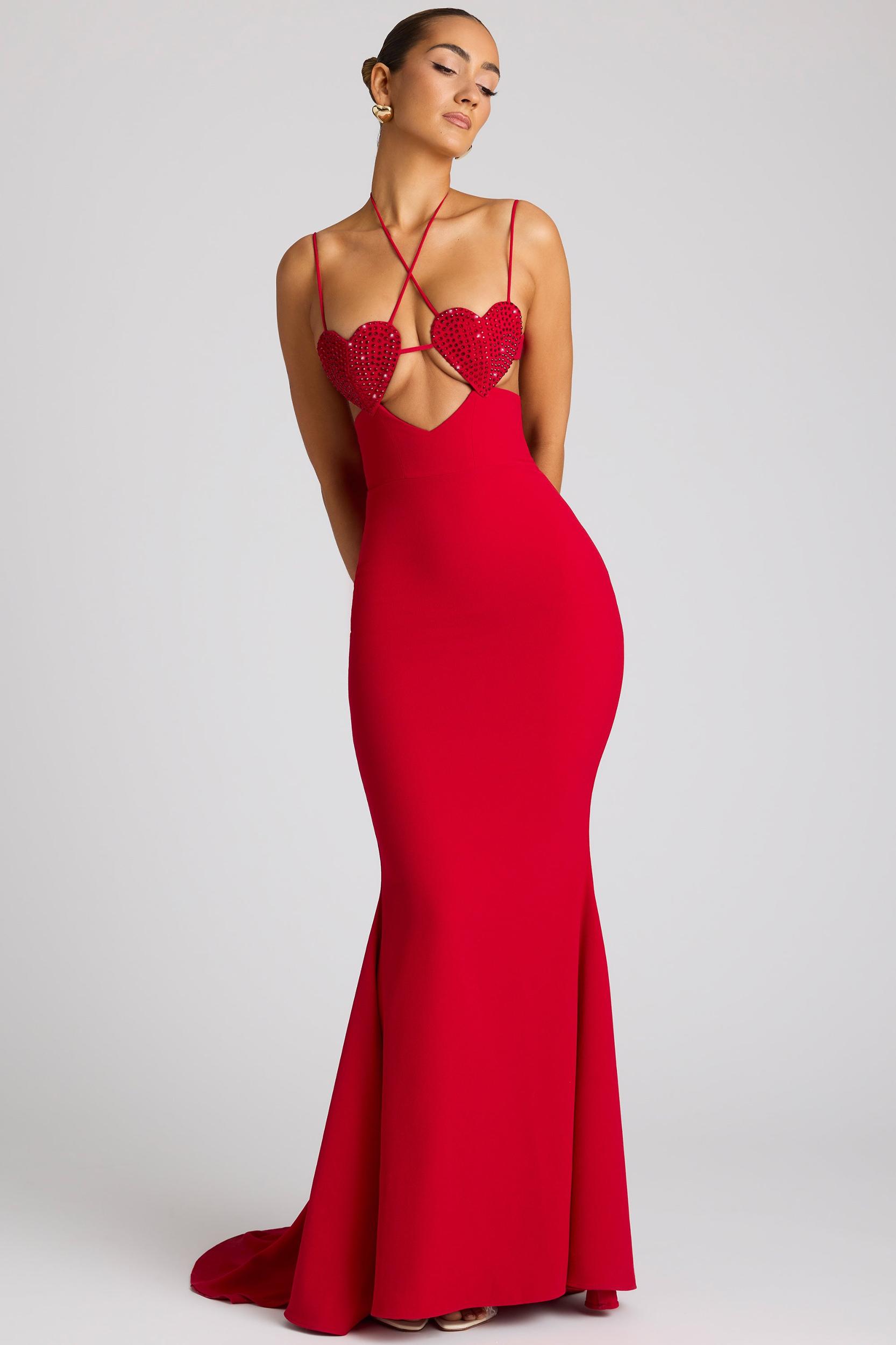 Embellished Heart Cup Detail Evening Gown in Fire Red Product Image