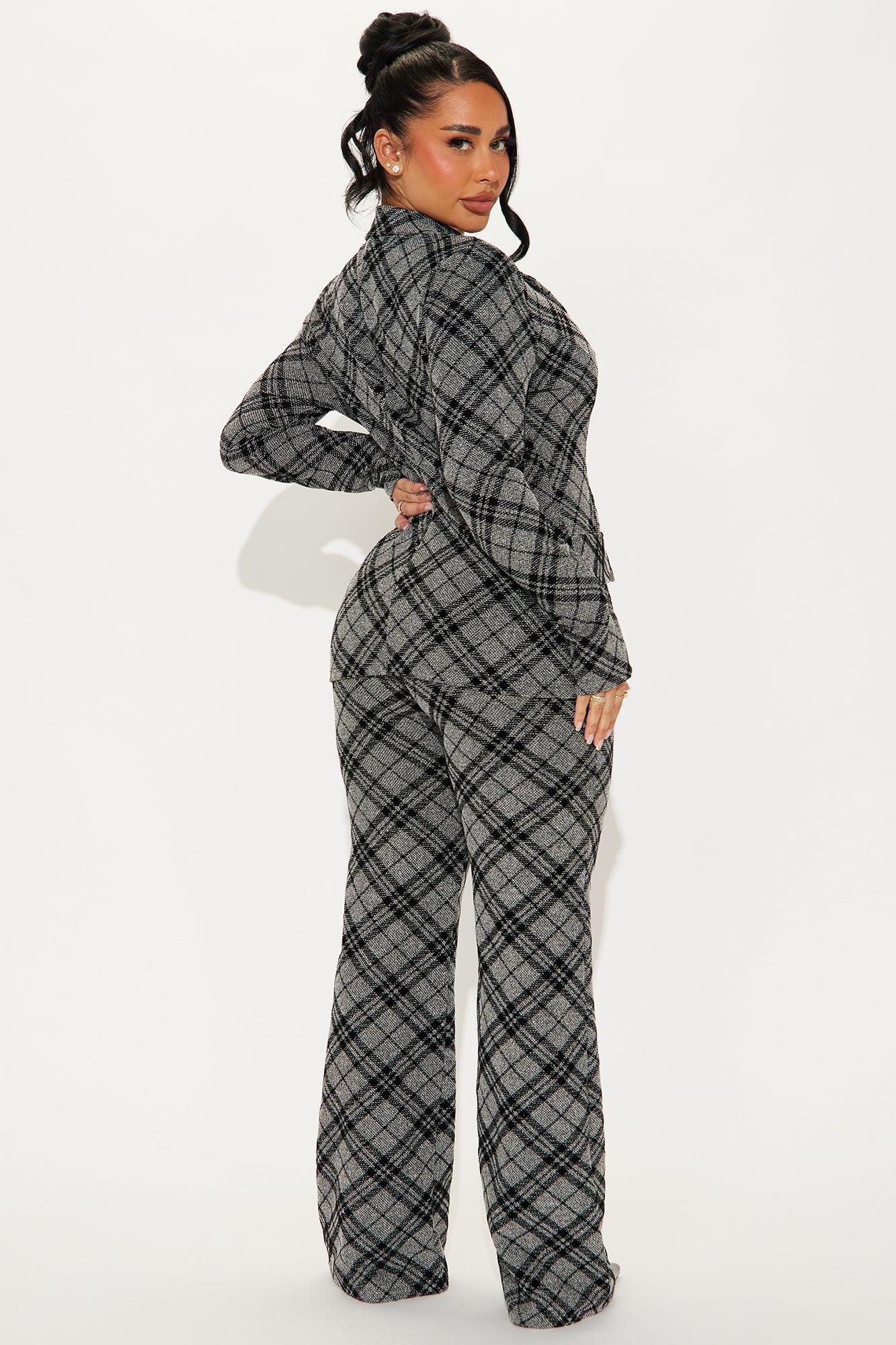 Lady Boss Plaid Blazer Pant Set - Black/combo Female Product Image