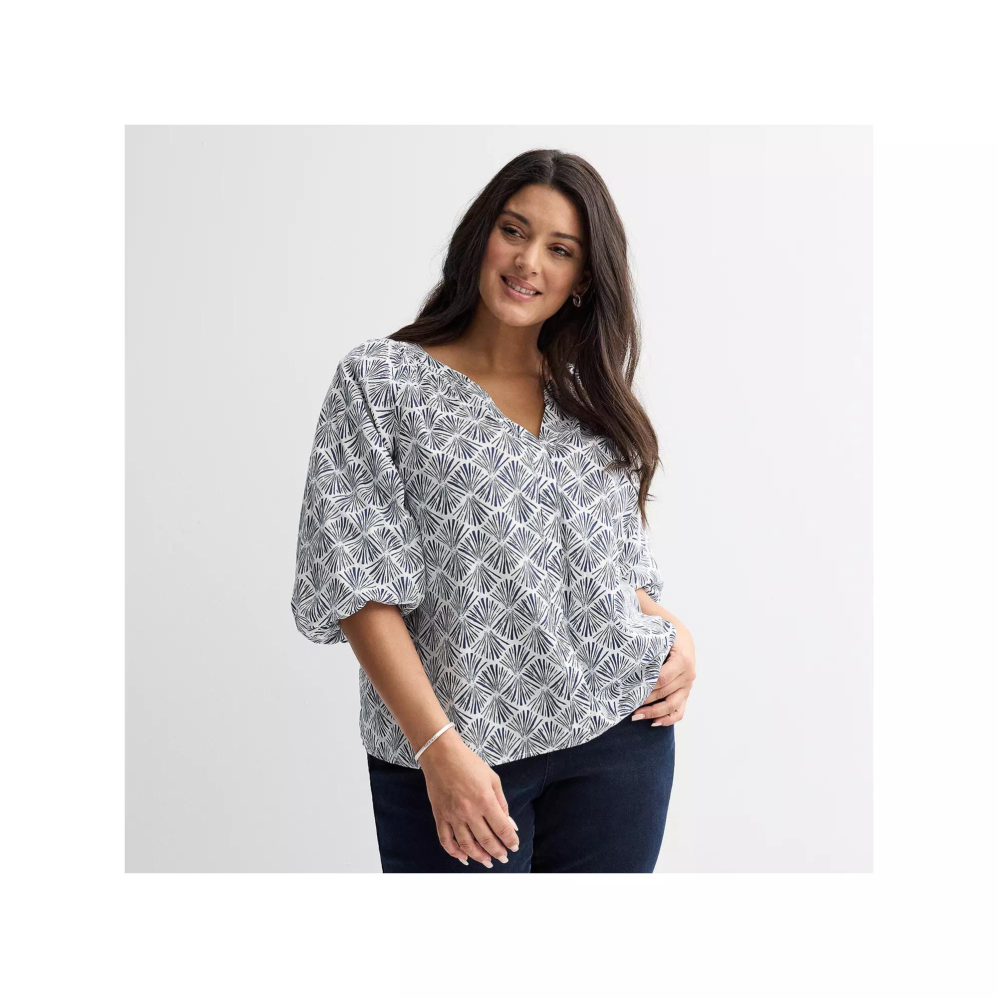 Plus Size Sonoma Goods For Life® Shirred Y-Neck Balloon Sleeve Blouse, Women's, Size: 1XL, Navy White Print Product Image