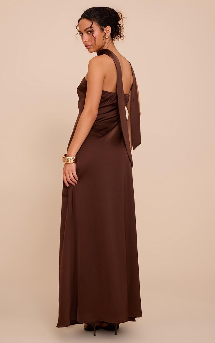 Chocolate Satin Bandeau Scarf Detail Maxi Dress Product Image
