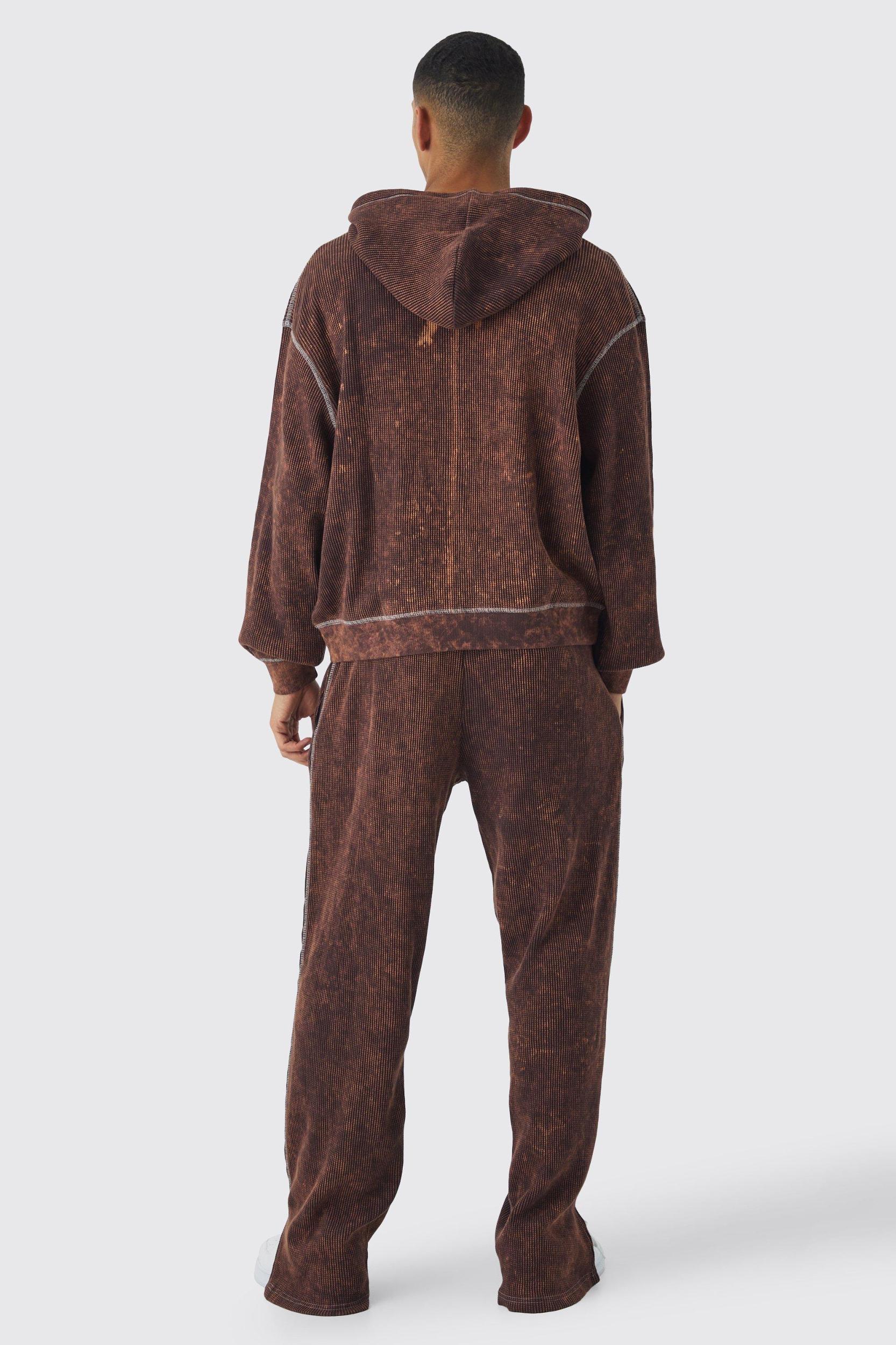 Oversized Boxy Contrast Stitch Acid Wash Heavy Waffle Zip Through Hooded Tracksuit | boohooMAN USA Product Image