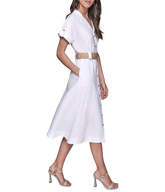KARL LAGERFELD PARIS Linen-Blend Notch Collar Neck Short Sleeve Belted Button Front Shirt Midi Dress Product Image