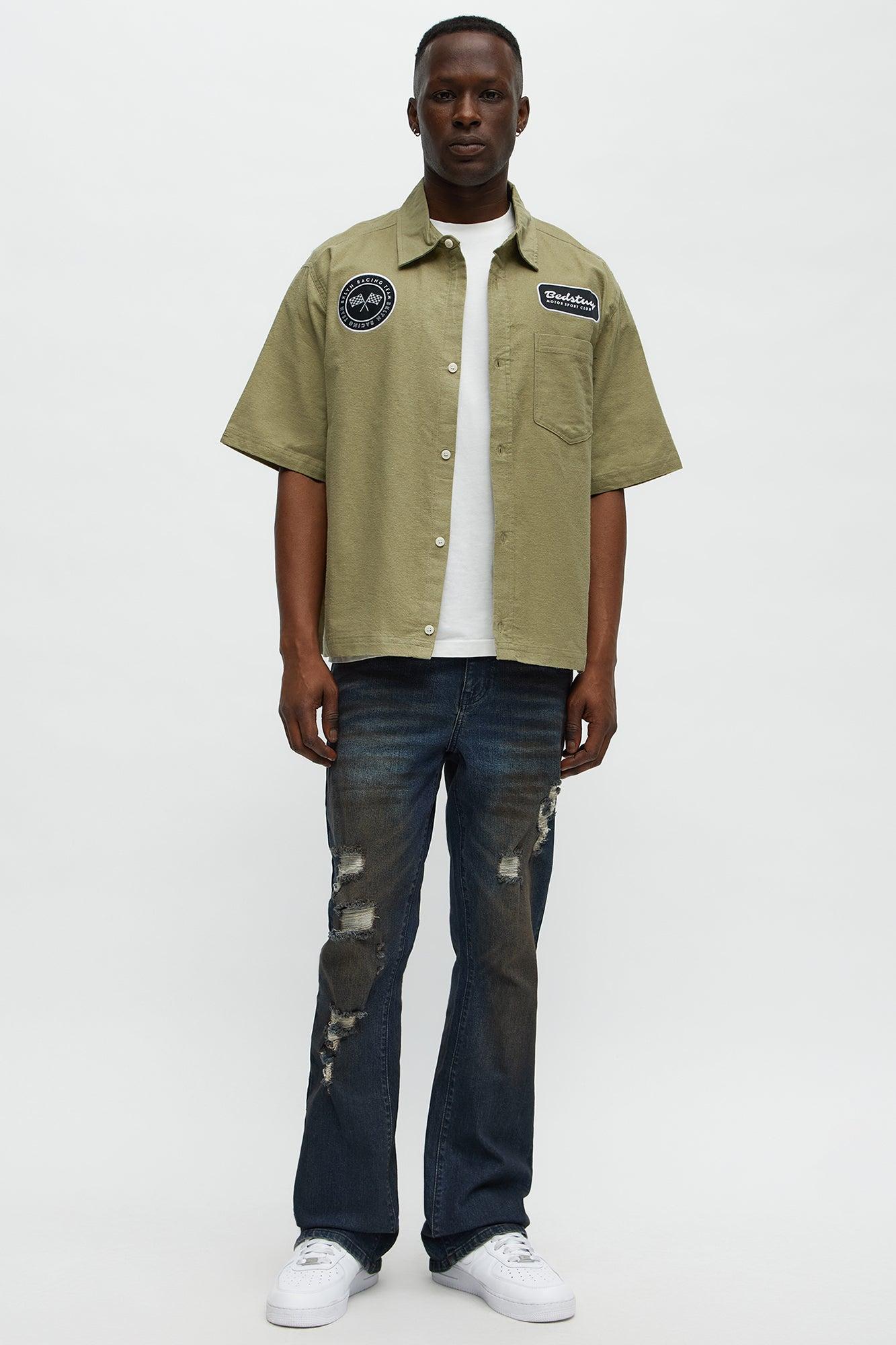 Cropped Bedstuy Patch Button Up Shirt - Olive Product Image