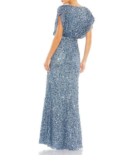 Mac Duggal Sequin Surplice V-Neck Draped 3/4 Sleeve Blouson Bodice Sheath Gown Product Image
