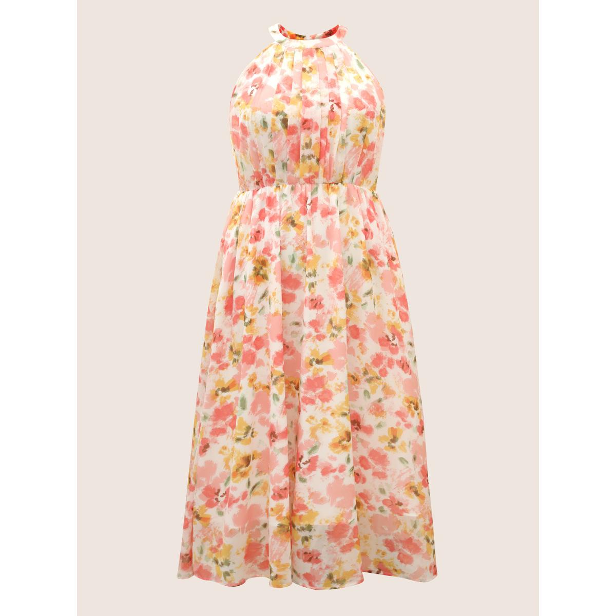 Plus Size Halter Neck Floral Pleated Pocket Dress White Women Formal Shirt collar Sleeveless Curvy BloomChic 22-24/3X Product Image