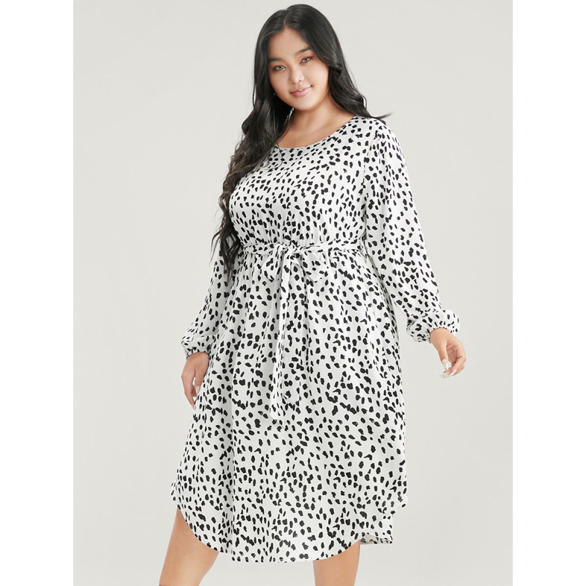 Plus Size Leopard Print Lantern Sleeve Pocket Belted Arc Hem Dress White Women Elegant Pocket Round Neck Long Sleeve Curvy Midi Dress BloomChic 28/5X Product Image