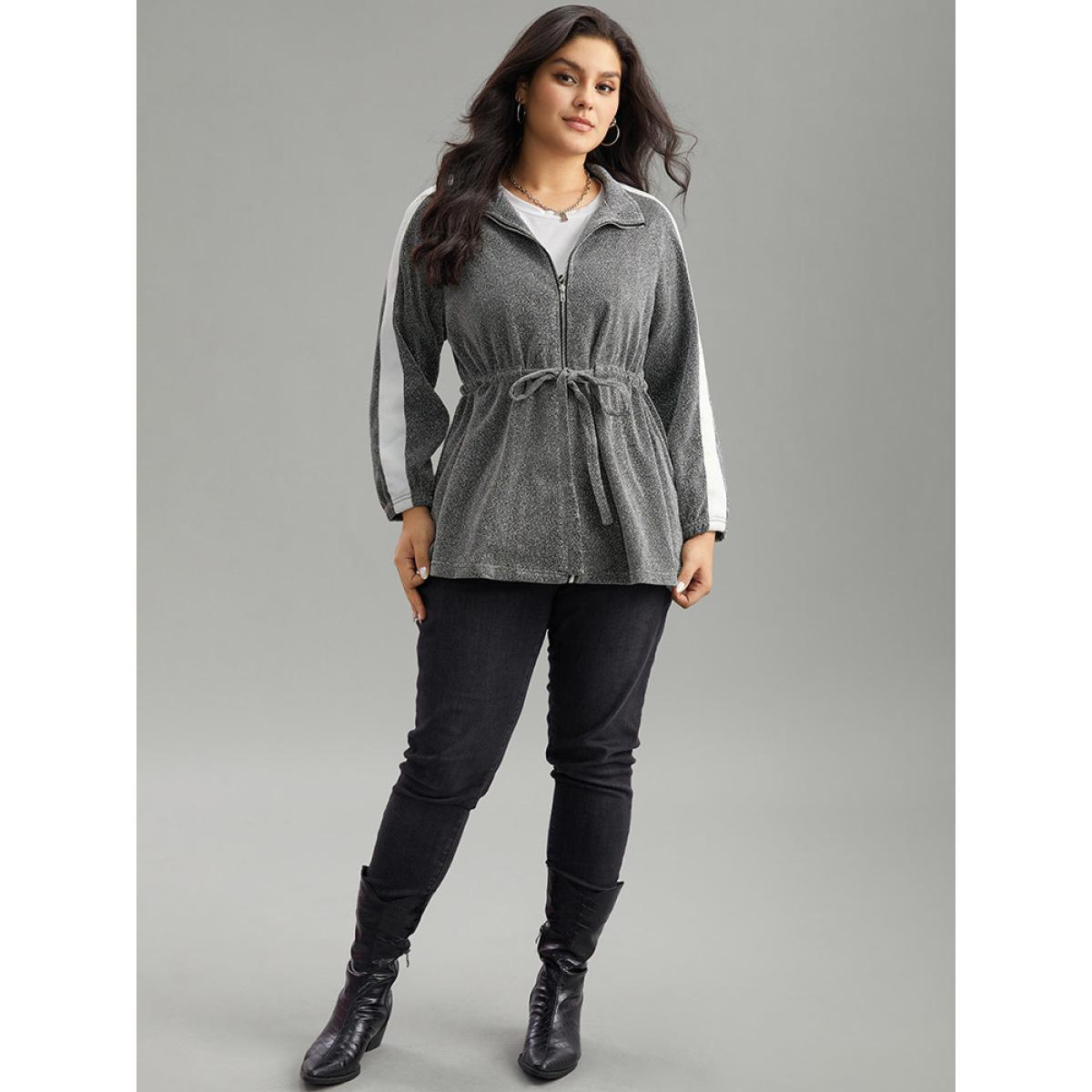 Plus Size Patchwork Contrast Trim Drawstring Zipper Jacket Women DimGray Contrast Dailywear Jackets BloomChic 10/M Product Image