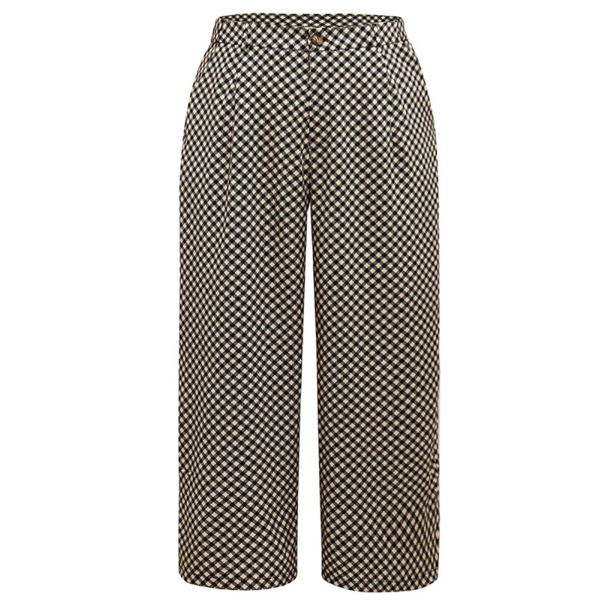 Plus Size Gingham High Rise Elastic Waist Straight Leg Pants Women Black Office Straight Leg High Rise Work Pants BloomChic 22-24/3X Product Image