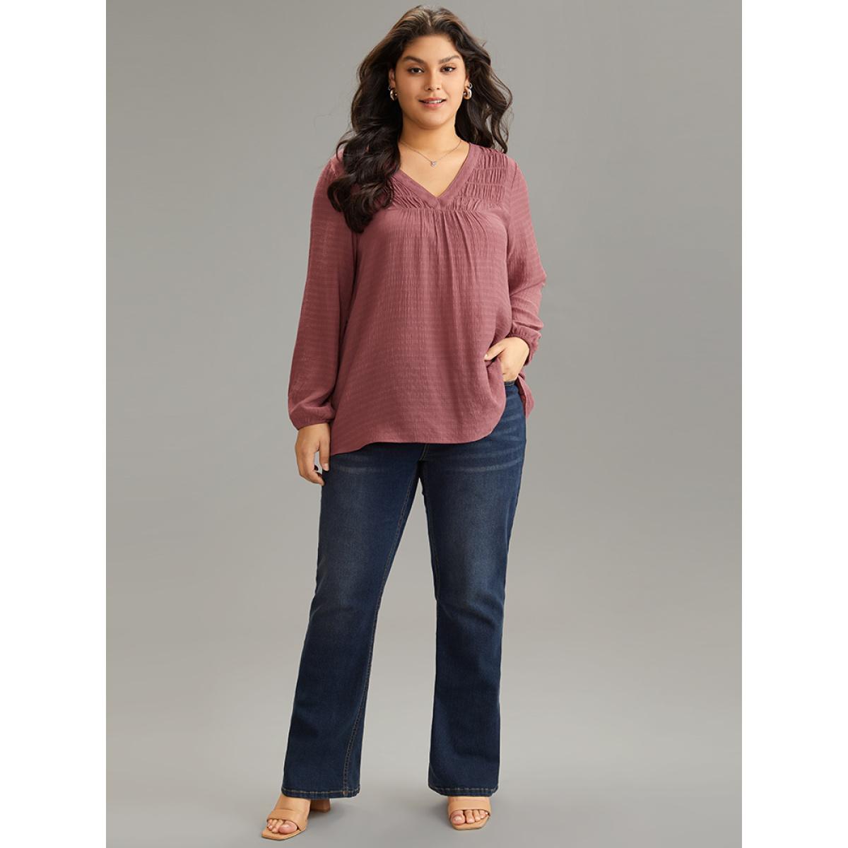 Plus Size DustyPink Plain Gathered Texture Lantern Sleeve Blouse Women Elegant Long Sleeve V-neck Dailywear Blouses BloomChic 14-16/1X Product Image