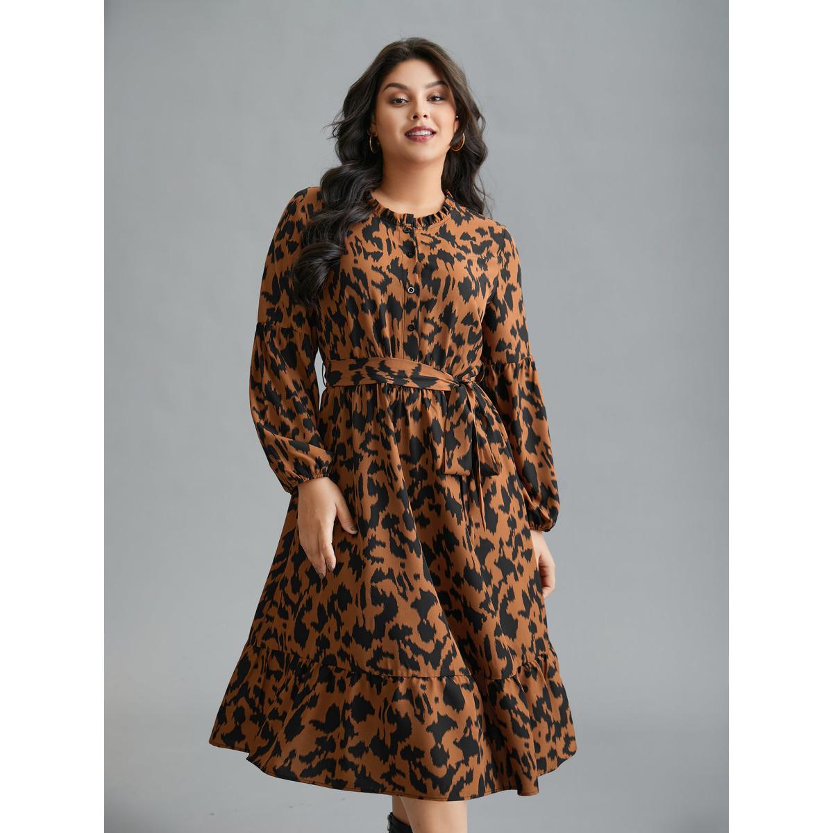 Plus Size Leopard Print Stretchy Waist Belted Dress Yellowishbrown Women Elegant Belted Stand-up collar Long Sleeve Curvy BloomChic 12/L Product Image