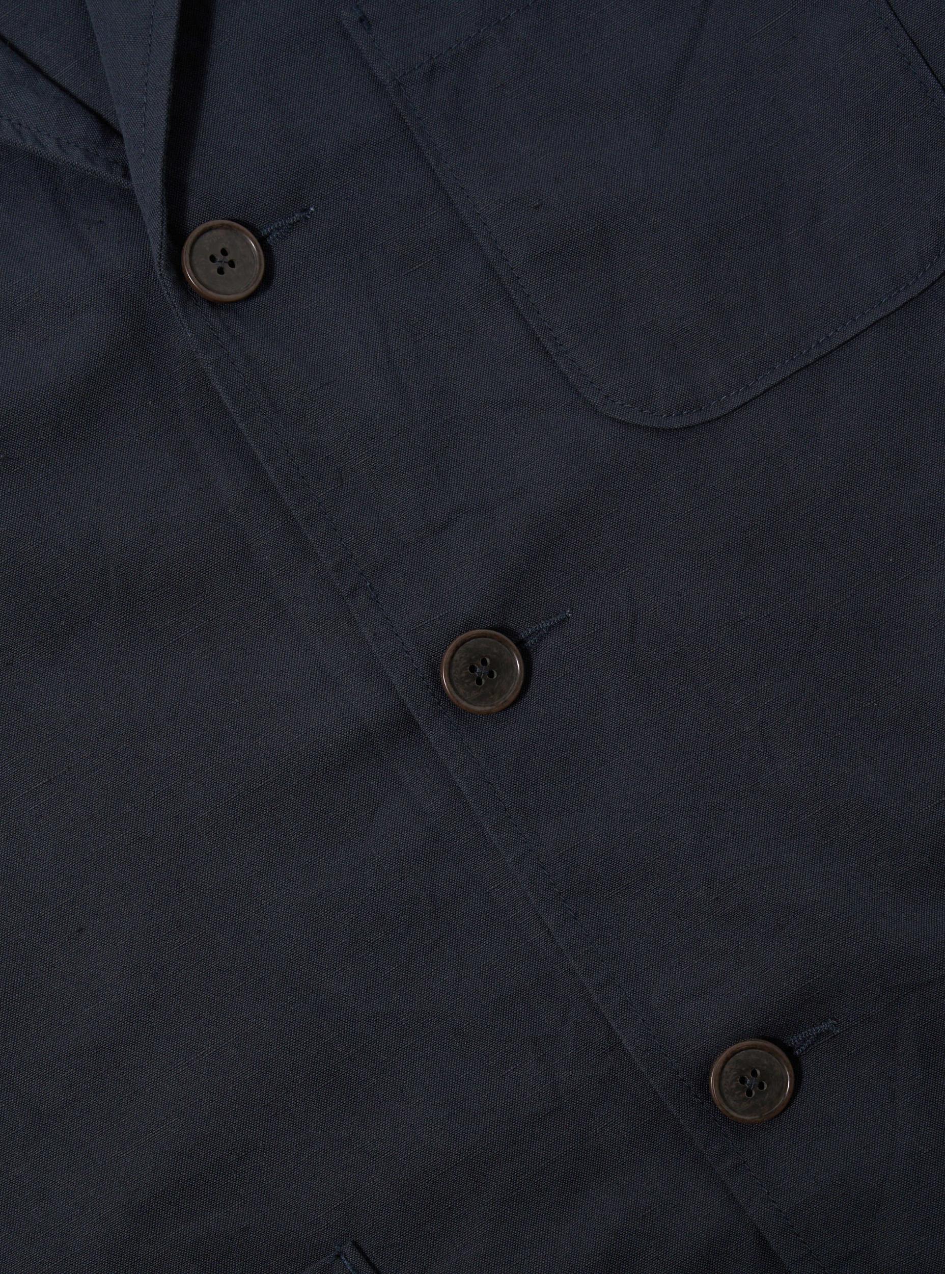 Universal Works Three Button Jacket in Navy Linen Slub Weave Product Image