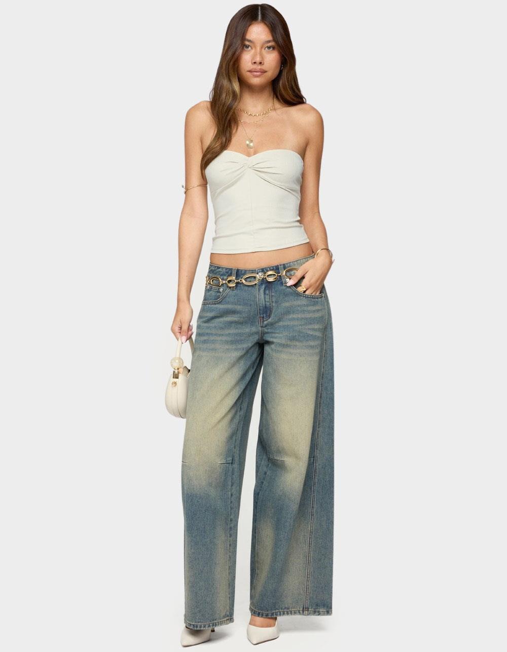 EDIKTED Washed Low Rise Baggy Jeans - BLUE Product Image