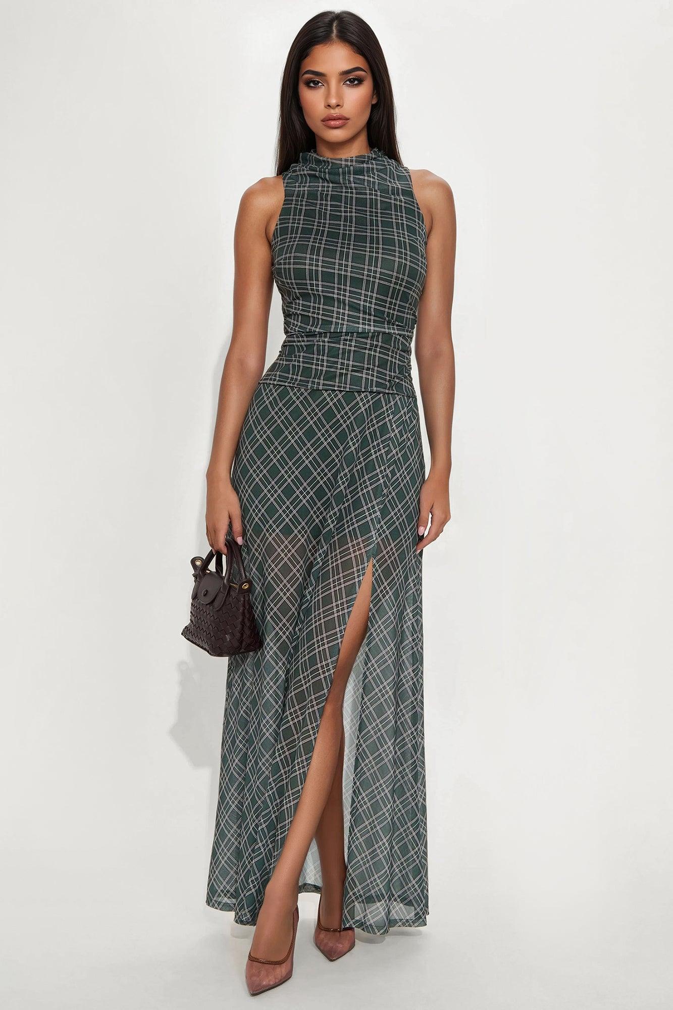 Hailie Plaid Mesh Maxi Dress - Green/combo Female Product Image
