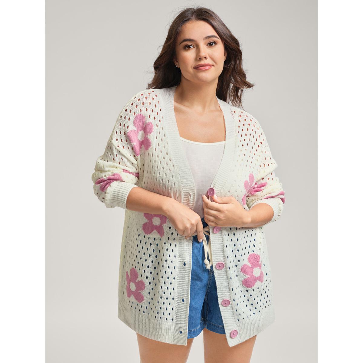 Plus Size Floral Cut-Out Textured Knit Cardigan Apricot Women Playful Loose Long Sleeve Casual Cardigans BloomChic 12/L Product Image