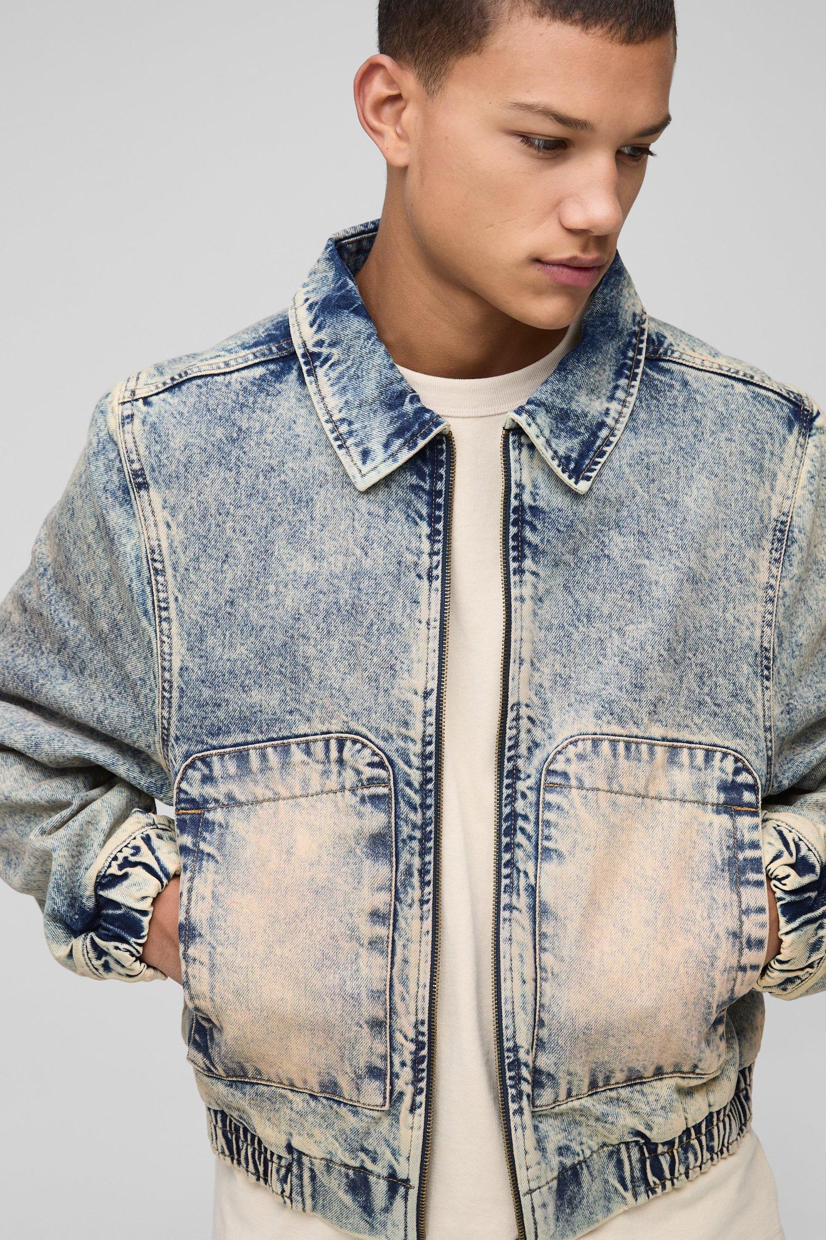 Relaxed Zip Through Antique Wash Denim Bomber | boohooMAN USA Product Image