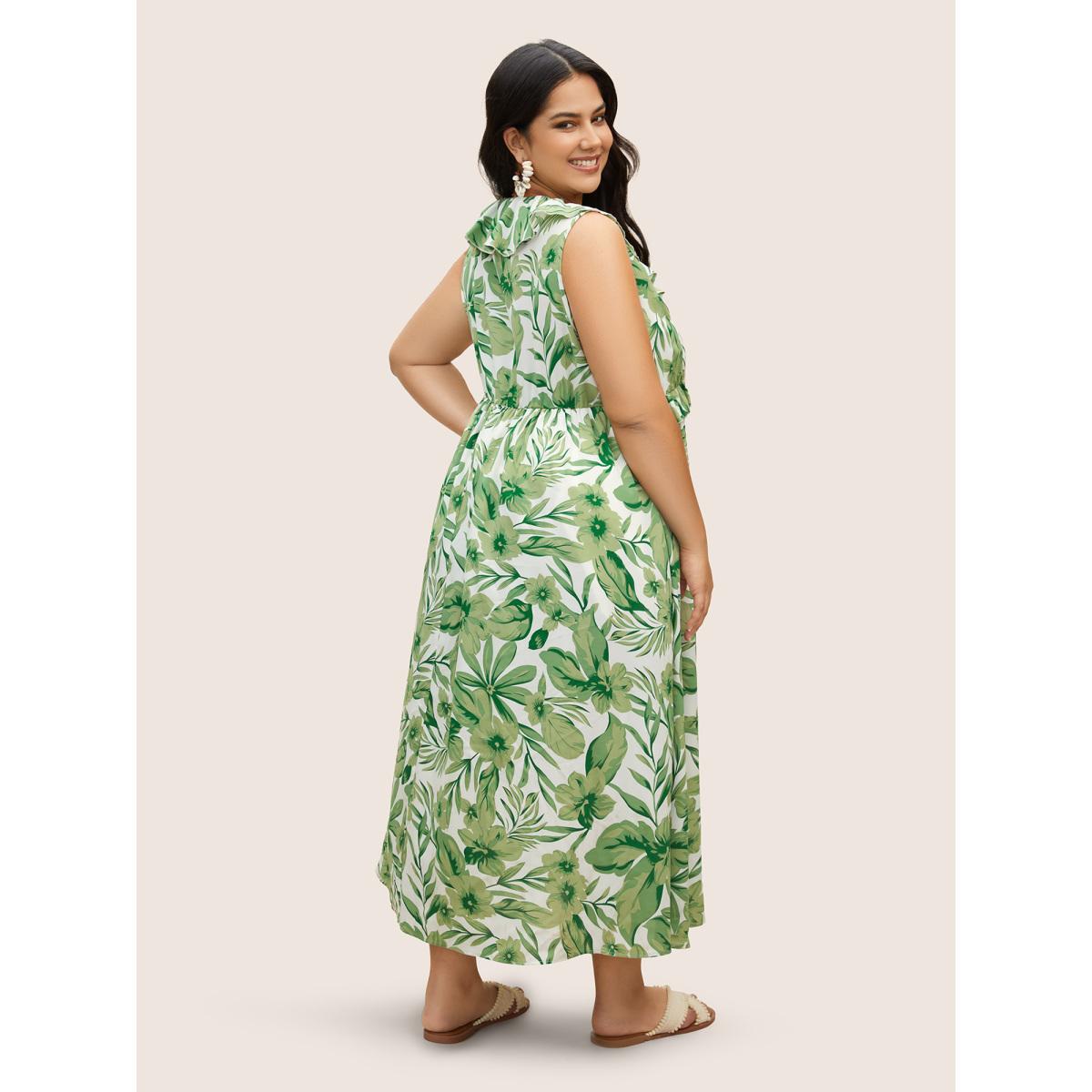 Plus Size Tropical Leafy Print Wide Collar Ruffles Dress Green Women Resort Ruffles V-neck Sleeveless Curvy BloomChic 12/L Product Image