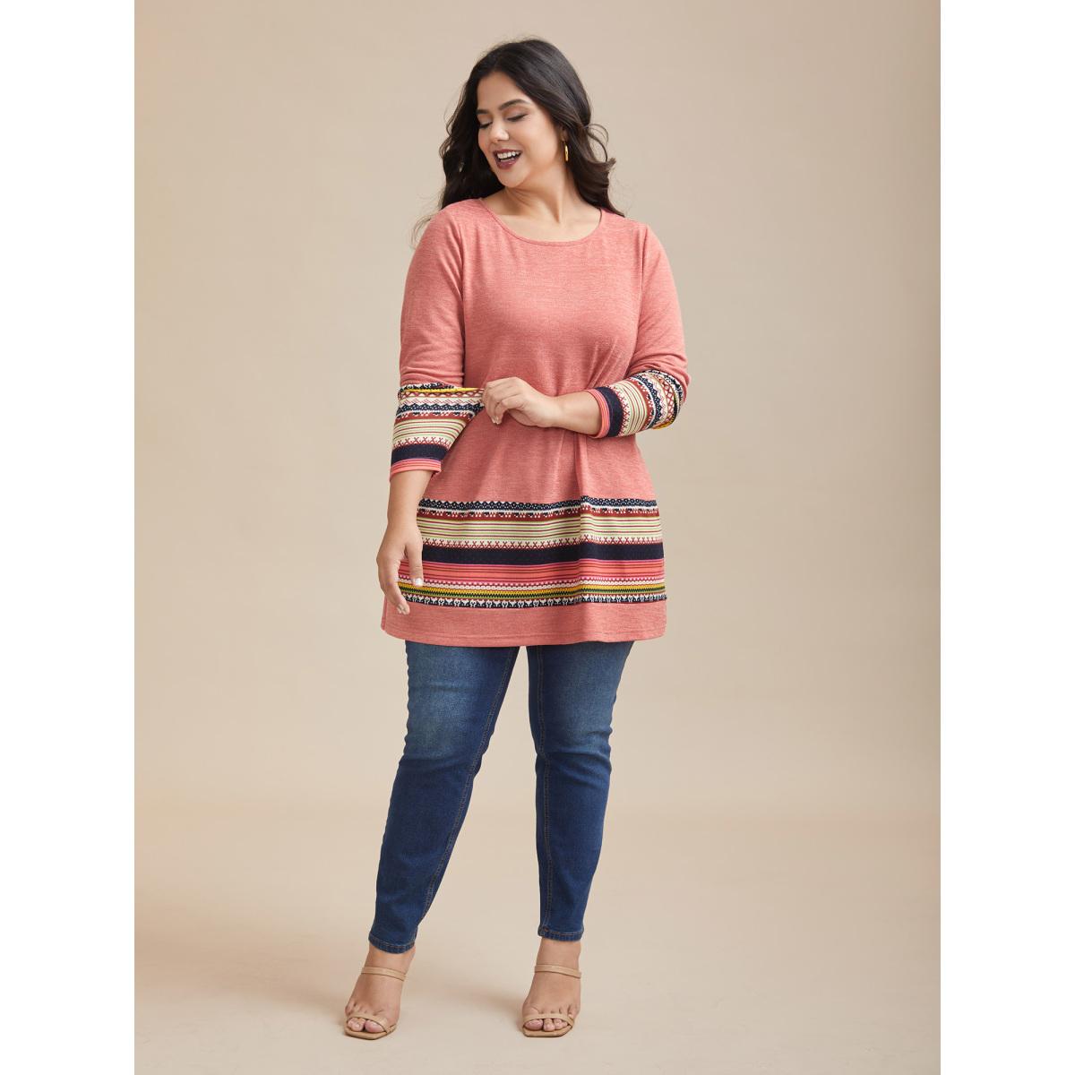 Plus Size Tunic Boho Print Pocket T-shirt Watermelon Women Casual Contrast Round Neck Loose Everyday T-shirts BloomChic 30/6X Product Image