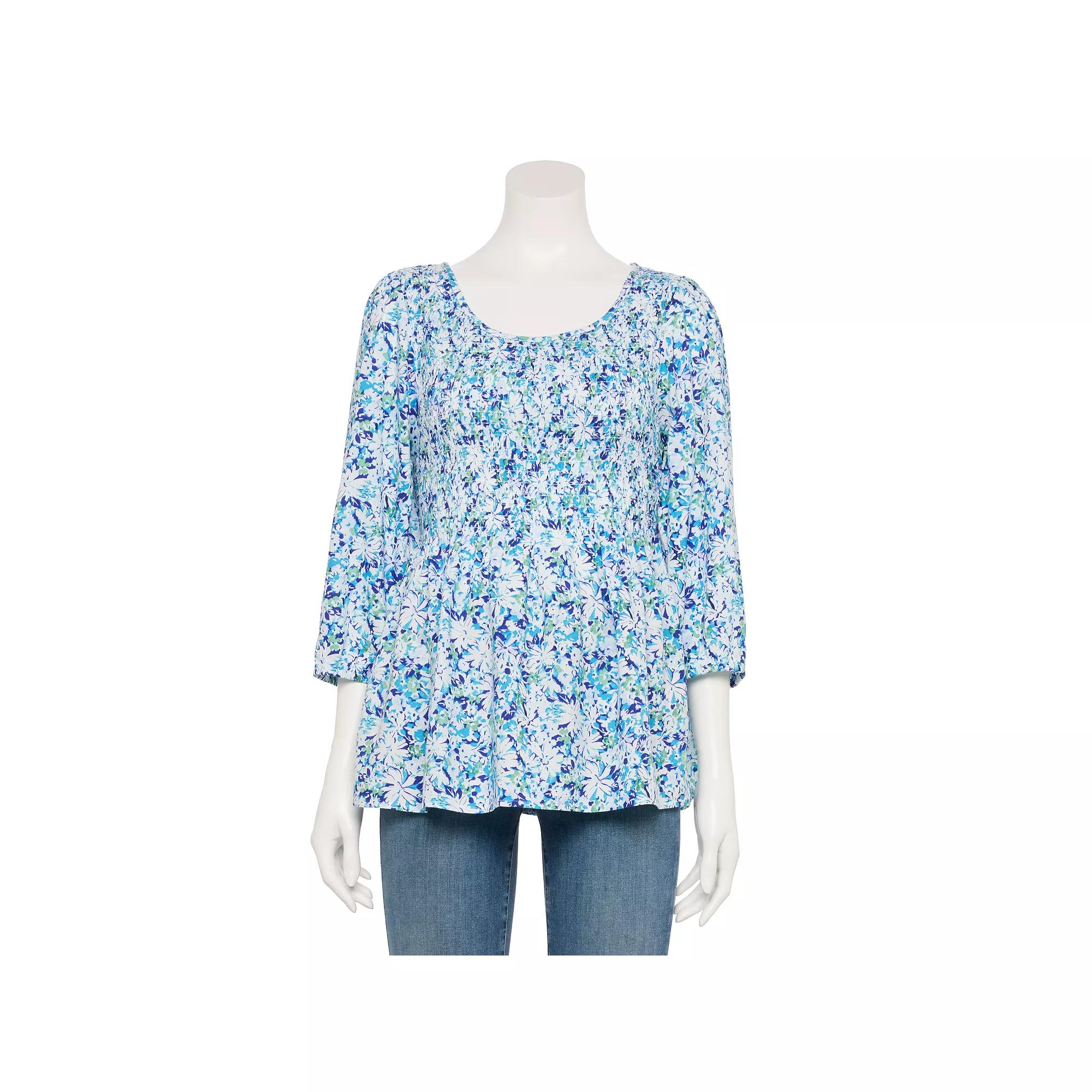 Women's Croft & Barrow® Three-Quarter Sleeve Smocked Blouse, Size: XL, Blue Team Floral Product Image