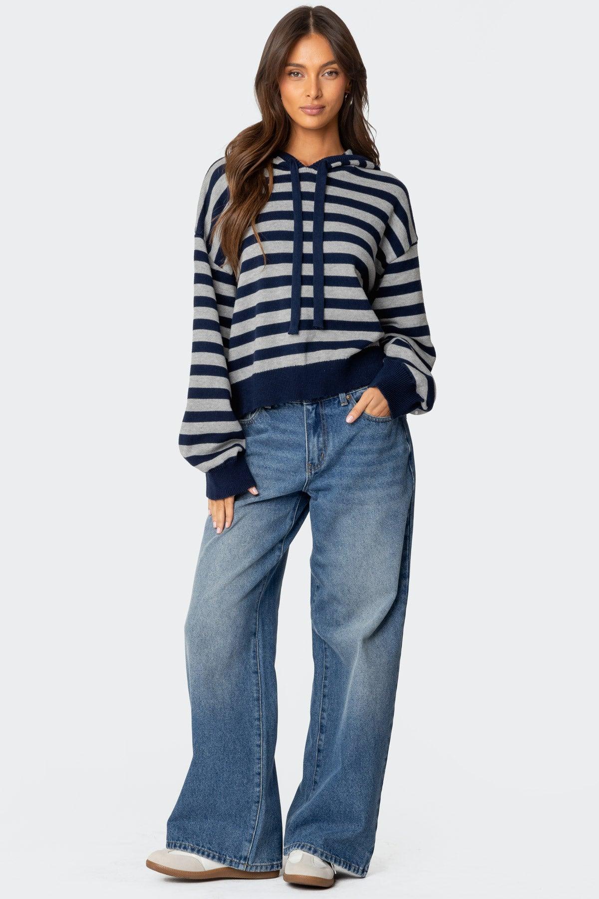 Striped Hooded Knit Sweater Product Image