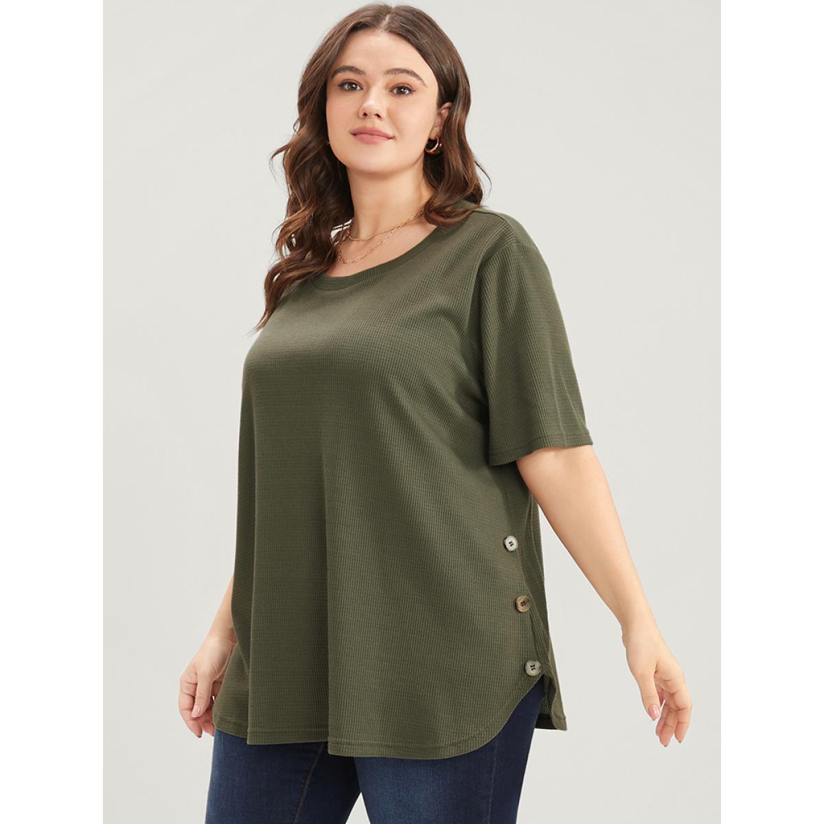 Plus Size Plain Round Neck Button Detail Waffle Knit Tee ArmyGreen Women Casual Button Plain Round Neck Dailywear T-shirts BloomChic 14-16/1X Product Image