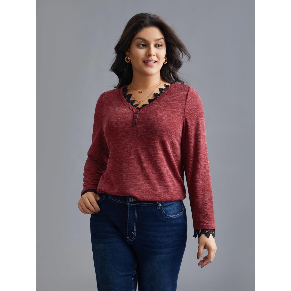 Plus Size V Neck Lace Trim Stitch Button Detail T-Shirt Deepred Women Elegant Woven ribbon&lace trim V-neck Everyday T-shirts BloomChic 14-16/1X Product Image