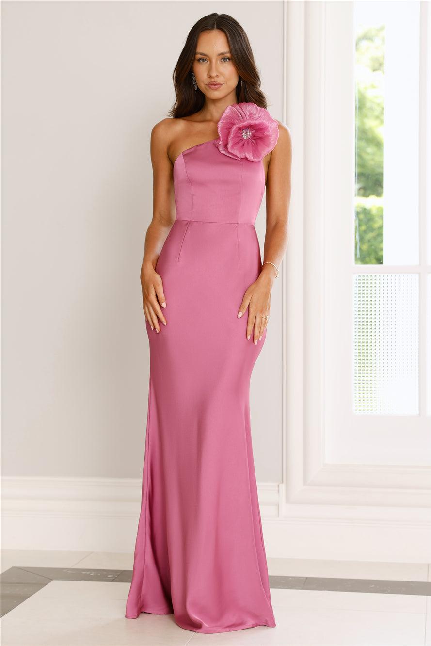 Flowered Opulence One Shoulder Satin Maxi Dress Mauve Product Image