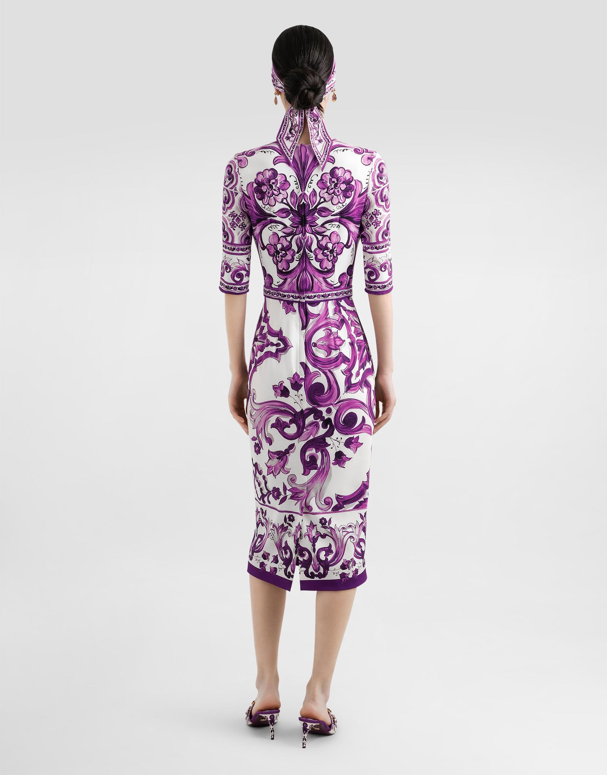 DOLCE & GABBANA Violet Crewneck Dress With Rear Zip Closure And All-over Floral Print In Silk Stretch Woman In Purple Product Image