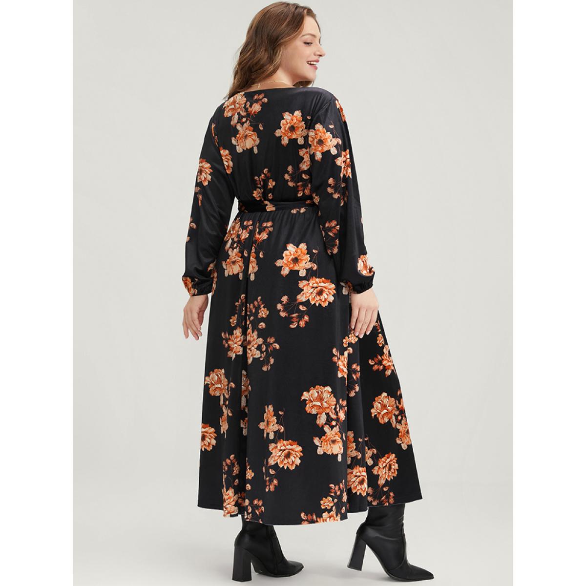 Plus Size Floral Lantern Sleeve Belted Surplice Neck Velvet Maxi Dress Black Women Elegant Cross straps V-neck Long Sleeve Curvy Long Dress BloomChic 14-16/1X Product Image