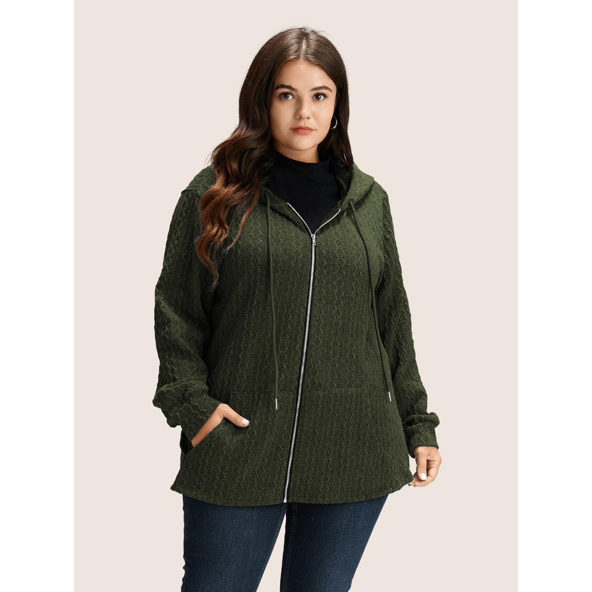 Plus Size Plain Textured Zipper Hooded Sweatshirt Women ArmyGreen Casual Non Hooded Everyday Sweatshirts BloomChic 12/L Product Image