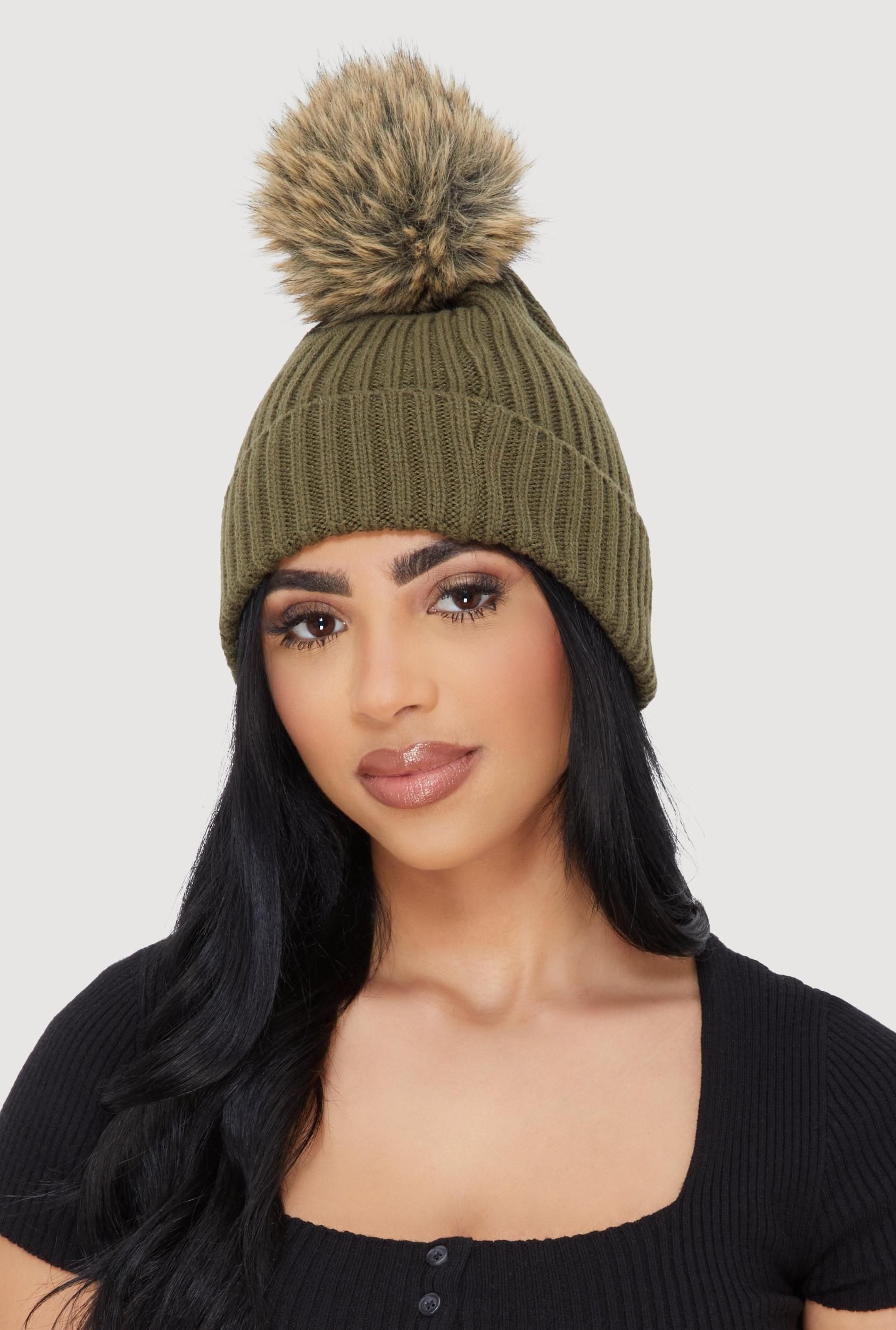 Trendy Faux Fur Pom Pom Detail Ribbed Knit Beanie Female Product Image