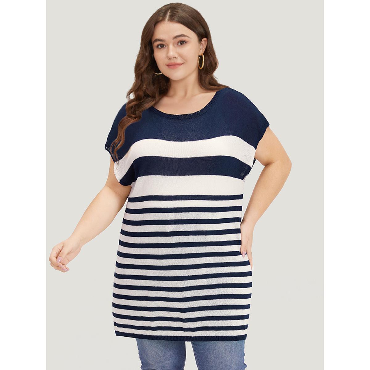 Plus Size Striped Contrast Boat Neck Cap Sleeve Pullover Indigo Women Casual Loose Short sleeve Round Neck Dailywear Pullovers BloomChic 28/5X Product Image
