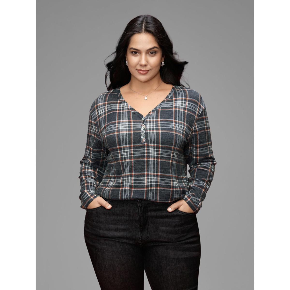 Plus Size Plaid V-neck Full Sleeves Slim-Fit Tee DimGray Women Casual Button V-neck Everyday T-shirts BloomChic 18-20/2X Product Image