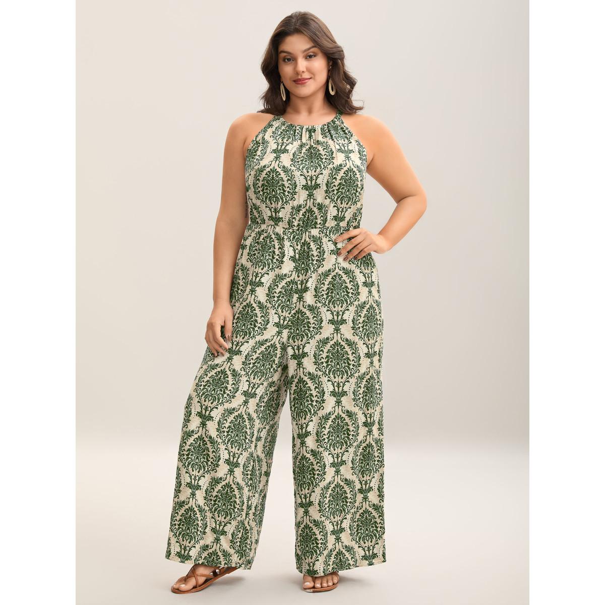 Plus Size Greenbean Rayon Damask Print Stretchy Waist Jumpsuit Women Boho Sleeveless Halter neck Vacation Loose Jumpsuits BloomChic 14-16/1X Product Image