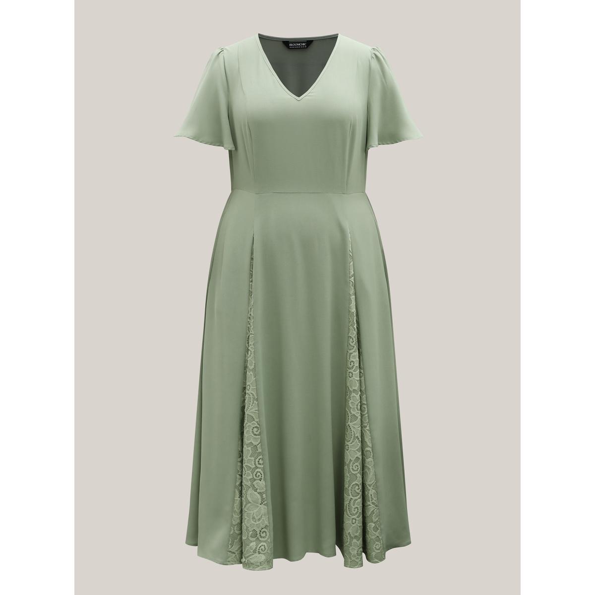 Plus Size Lace Panel Cinched-Waist Maxi Dress Sage Women Romantic V-neck Short sleeve Curvy BloomChic 26/4X Product Image