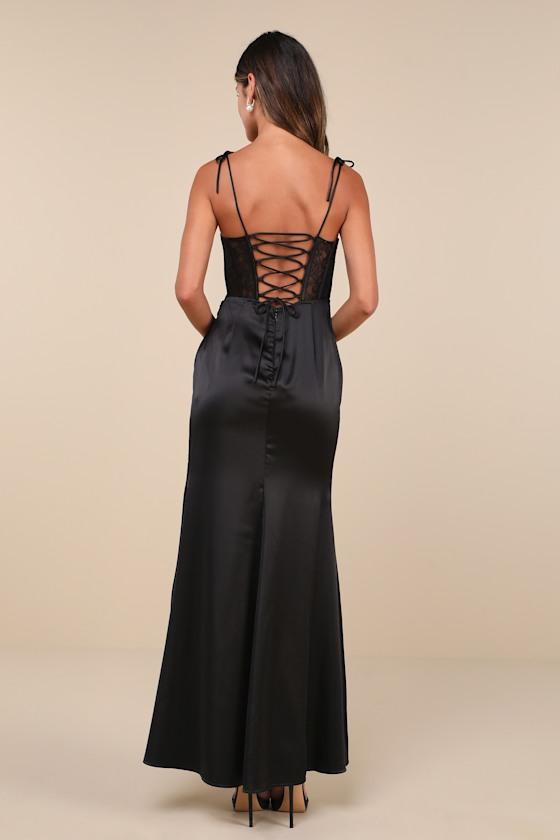 Spellbinding Aura Black Satin Lace Tie-Strap Bustier Maxi Dress Product Image