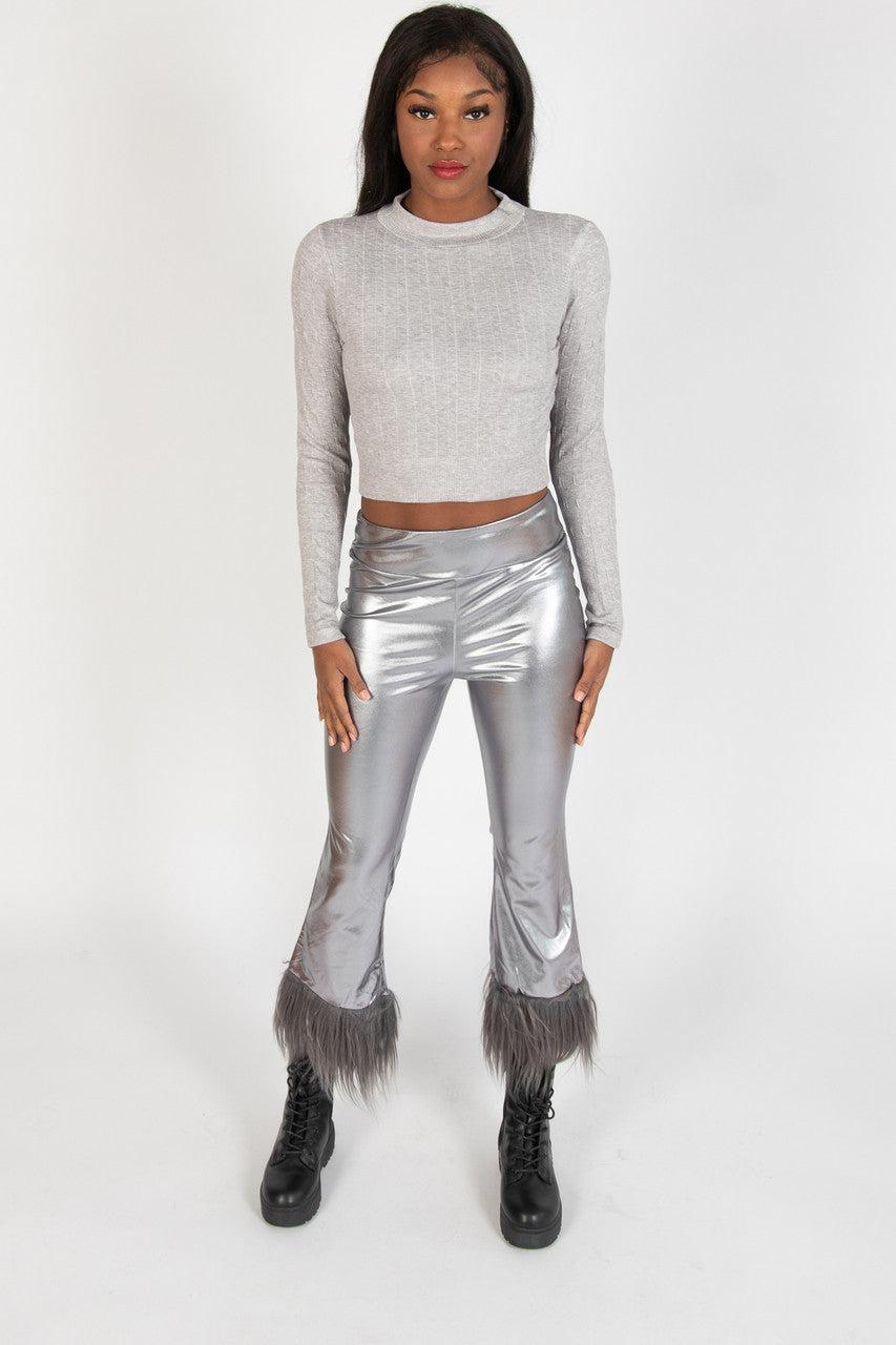 Metallic Fur Trim Flare Pants Product Image