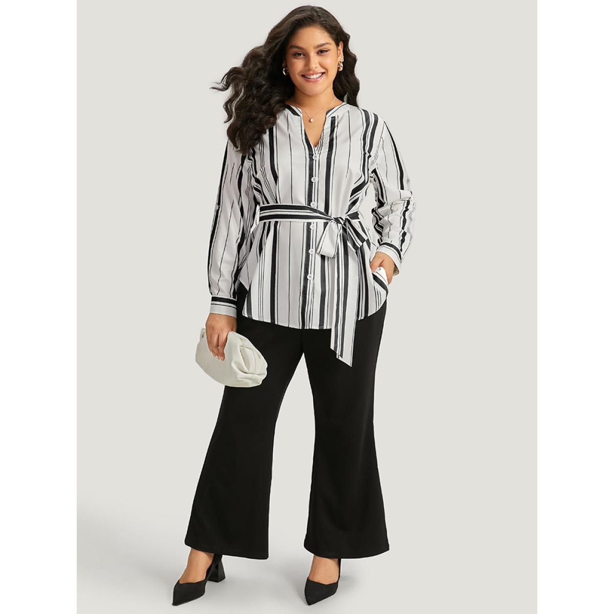 Plus Size Black Striped Arc Hem Belted Roll Tab Sleeve Blouse Women Office Long Sleeve V-neck Work Blouses BloomChic 18-20/2X Product Image