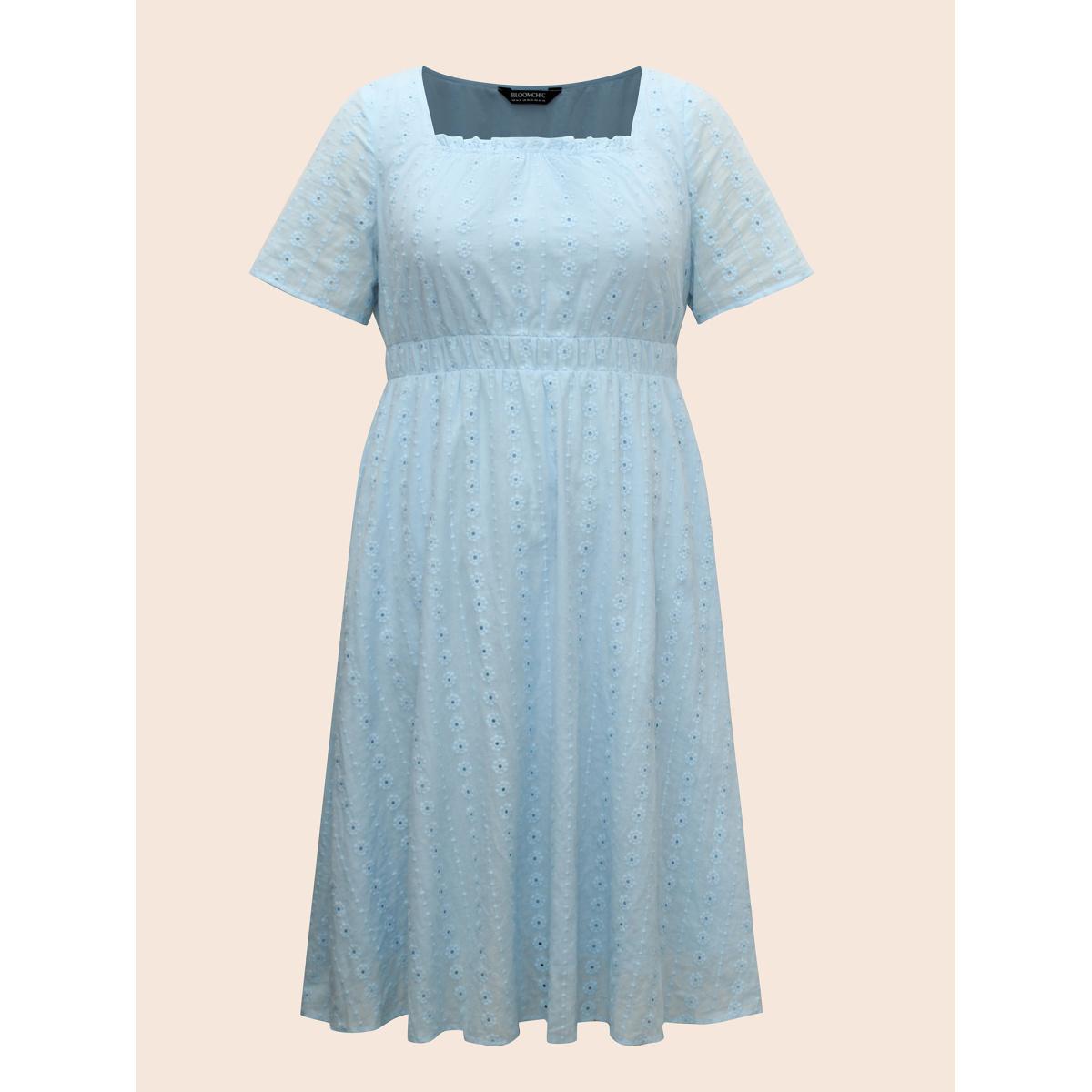 Plus Size Square Neck Broderie Anglaise Frill Trim Dress Skyblue Women Elegant Texture Square Neck Short sleeve Curvy BloomChic 10/M Product Image