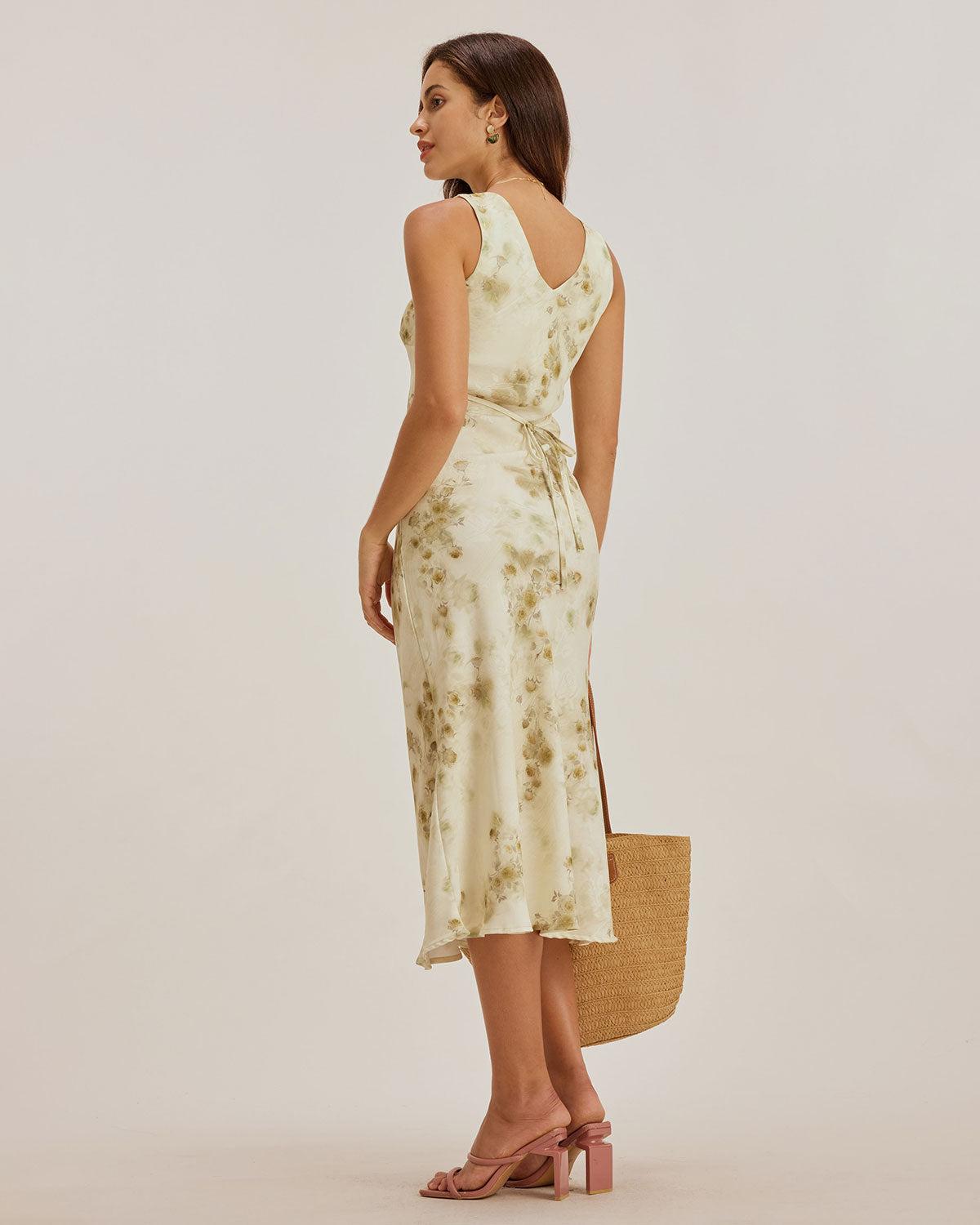 Green Floral Ruched Sleeveless Maxi Dress Product Image