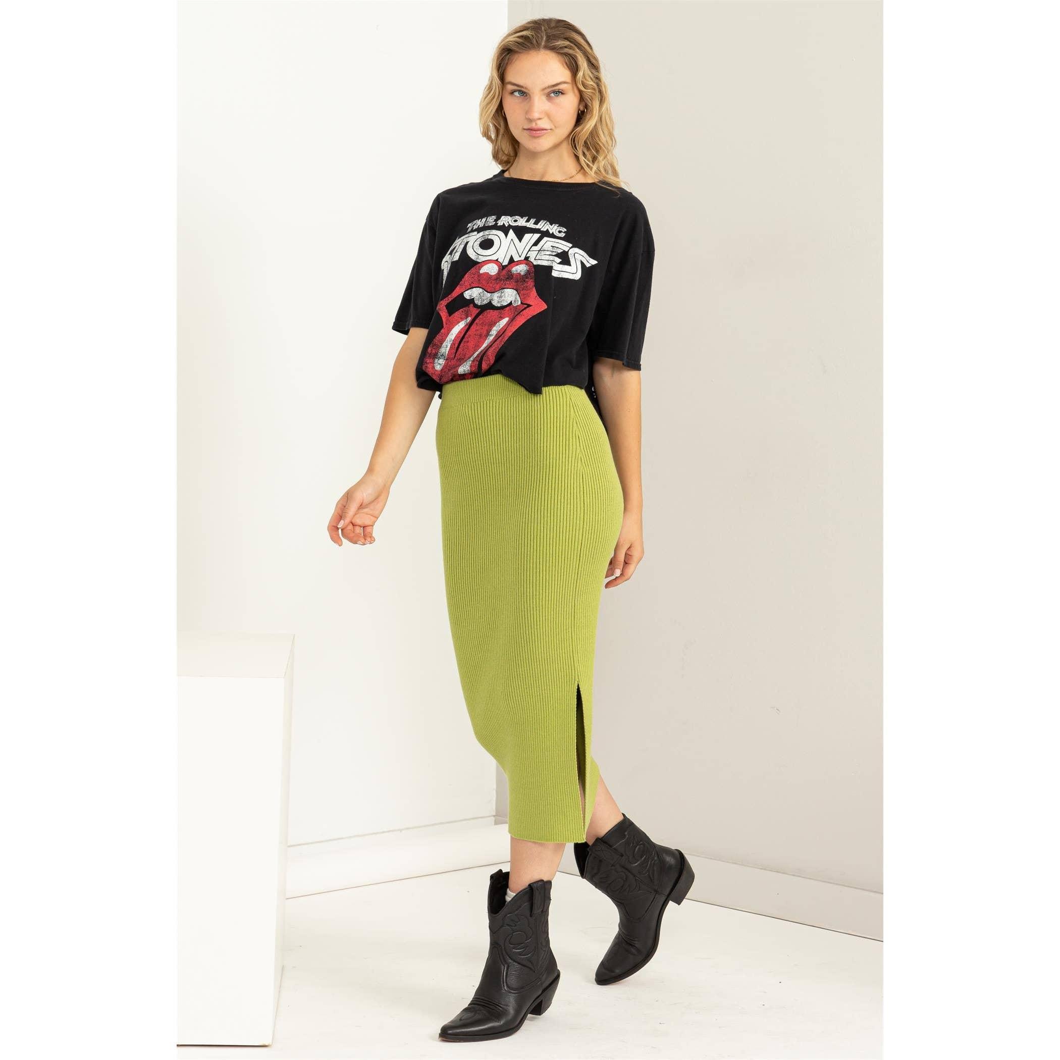 Pale Olive High-waist Ribbed Midi Skirt Product Image