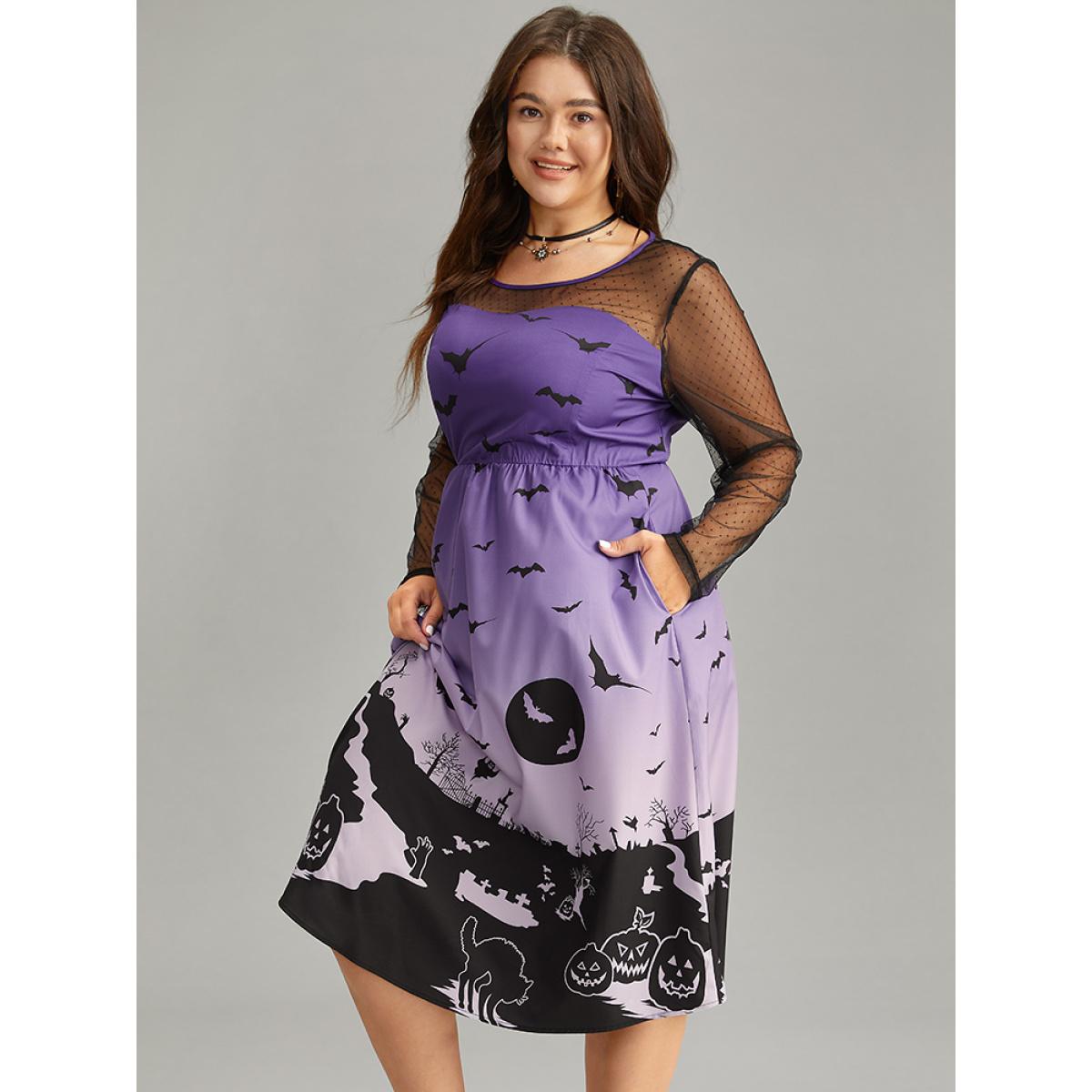 Plus Size Halloween Graphic Pocket Mesh Patchwork Dress Purple Women Elegant See through Round Neck Long Sleeve Curvy Midi Dress BloomChic 18-20/2X Product Image
