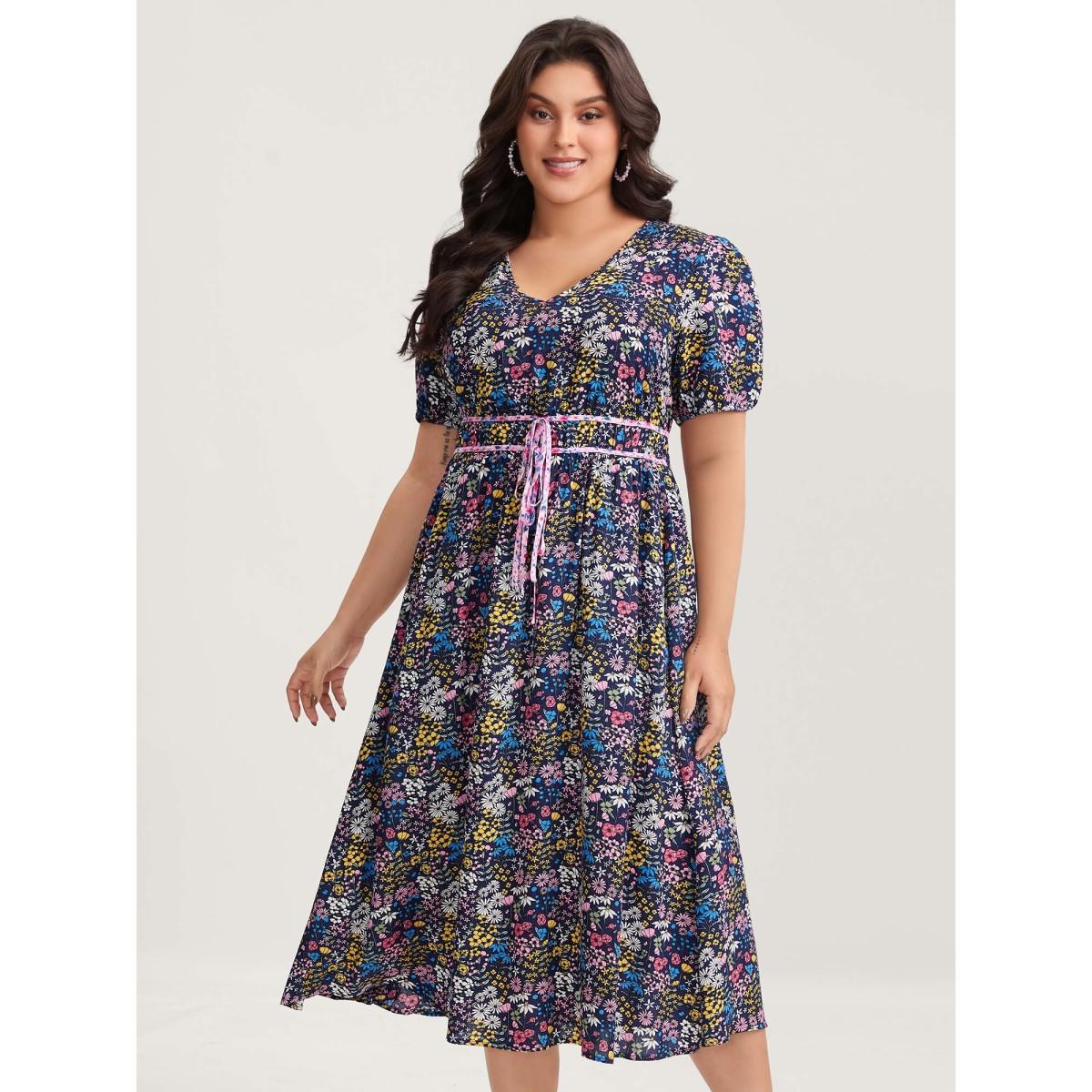 Plus Size Rayon Floral Print Contrast Pockets Midi Dress Indigo Women V-neck Short sleeve Curvy BloomChic 12/L Product Image