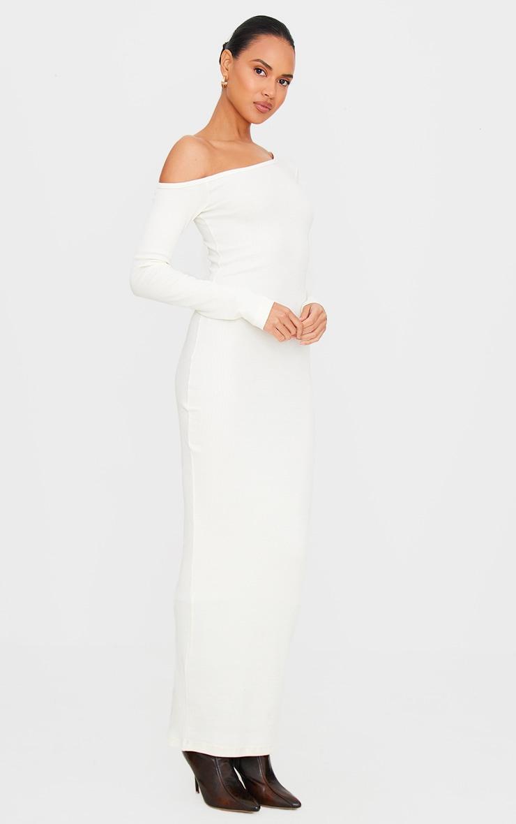  Cream Ribbed One Shoulder Long Sleeve Maxi Dress Product Image