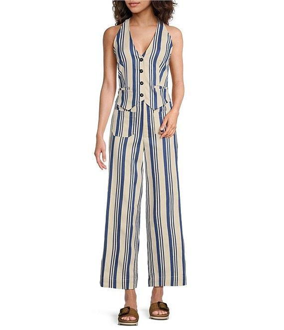 Sugarlips Coordinating Stripe Printed Halter V Neck Sleeveless Button Front Vest Top Product Image