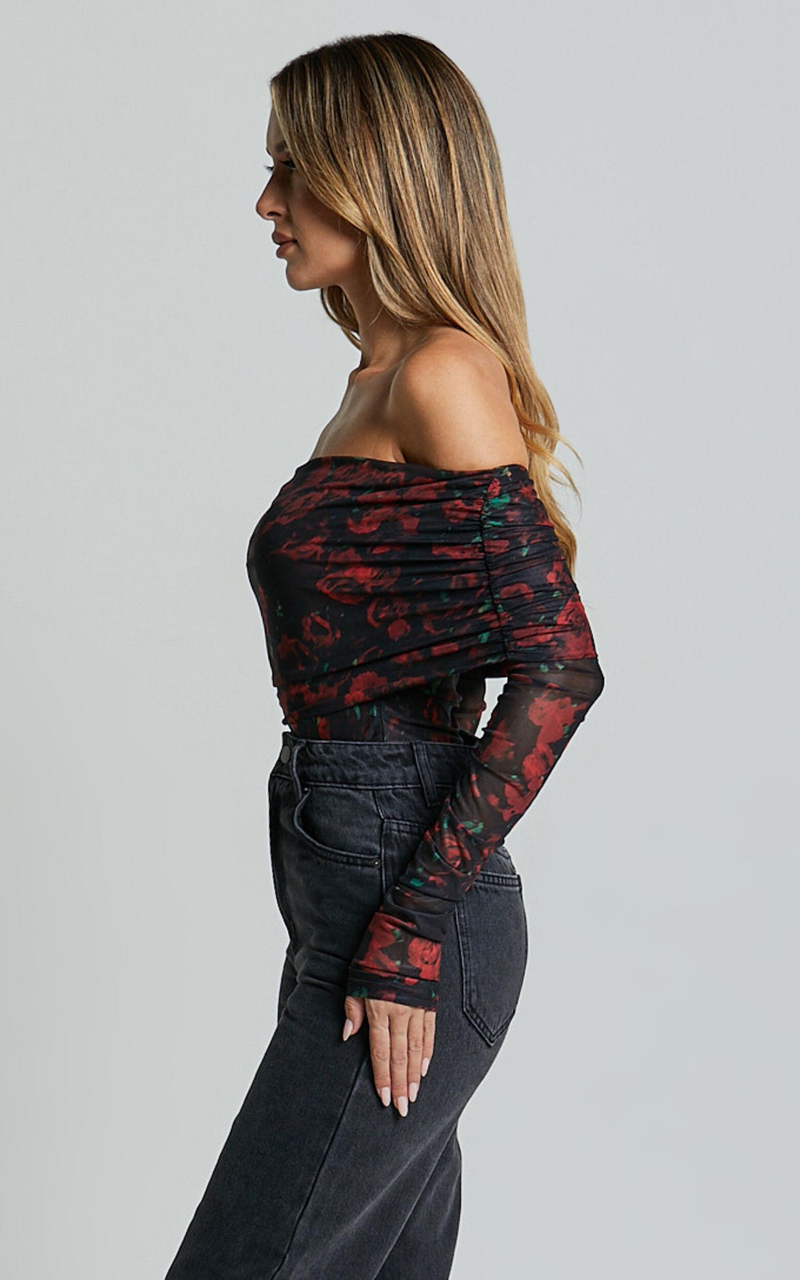 Jaythen Bodysuit - Long Sleeve Off Shoulder Ruched Mesh Bodysuit in Red Rose Product Image