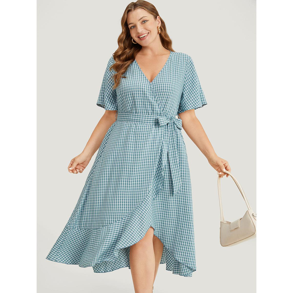 Plus Size Gingham Pocket Belted Ruffle Trim Surplice Neck Dress Cerulean Women Office Wrap V-neck Short sleeve Curvy Midi Dress BloomChic 30/6X Product Image