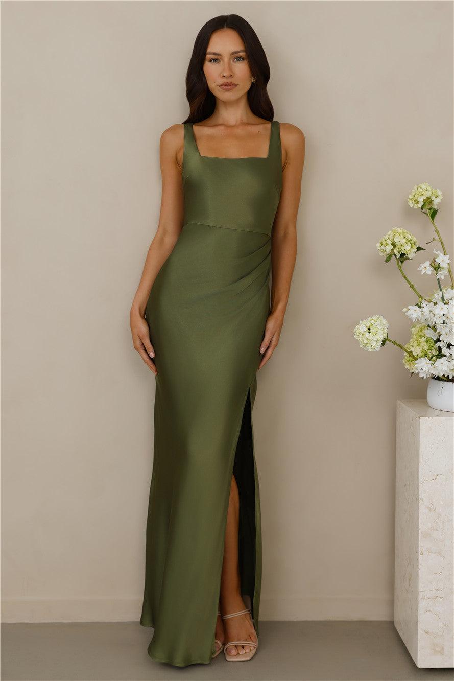 The Evelina Satin Maxi Dress Olive Product Image