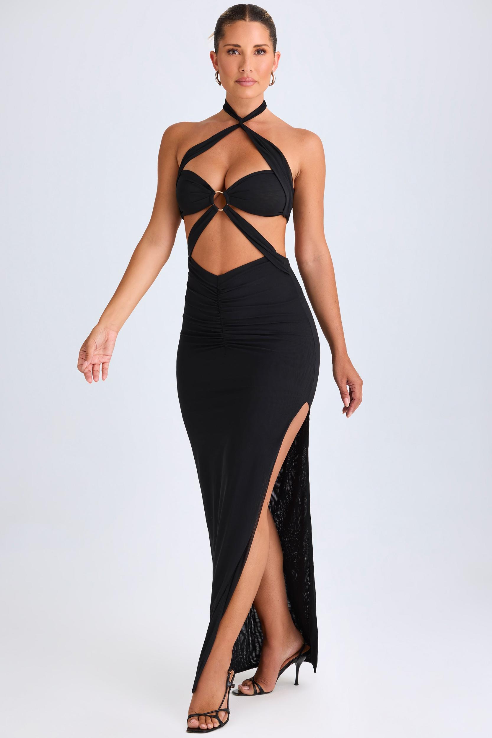 Hardware Detail Cut-Out Halterneck Maxi Dress in Black Product Image